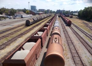 View from above of freight trains in the Osijek Train Station, Croatia.